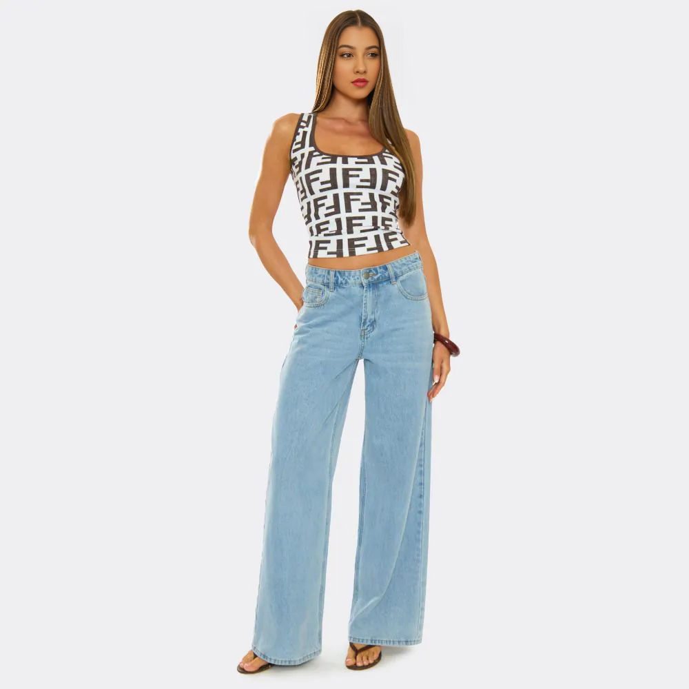 Scoop Neck Vest Top In Printed Rib