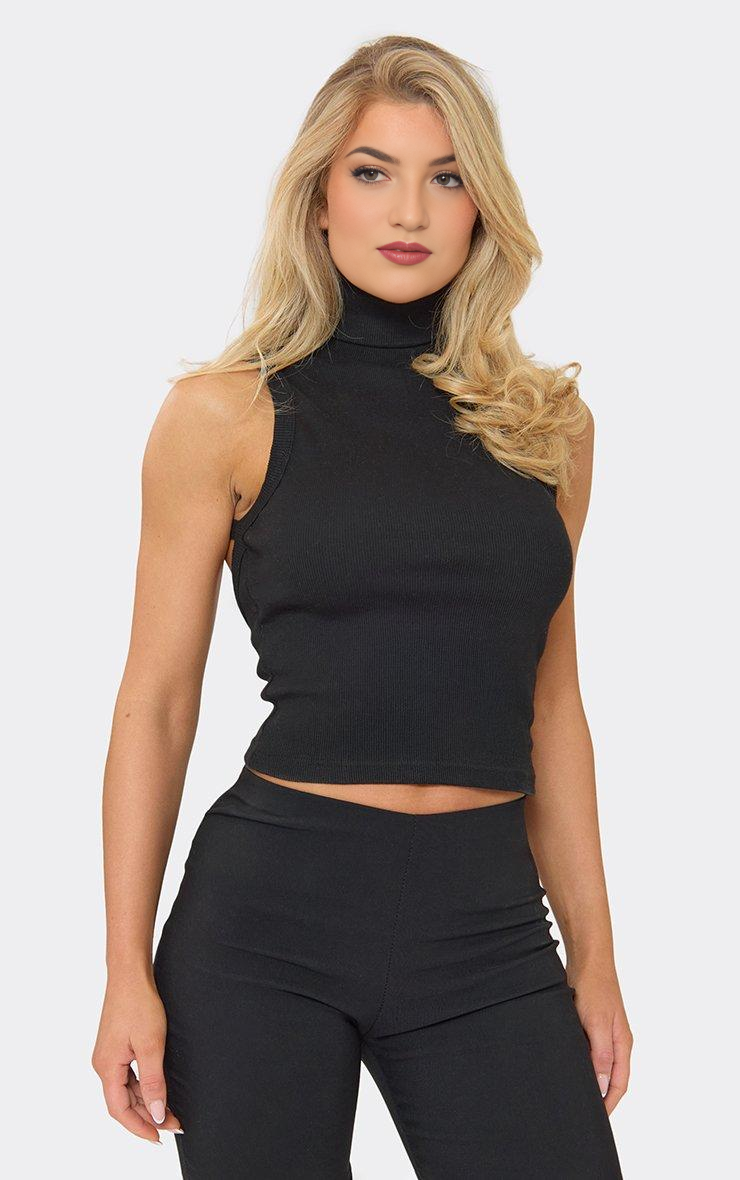 High Neck Backless Detail Top In Black Rib