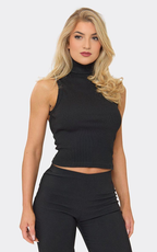High Neck Backless Detail Top In Black Rib