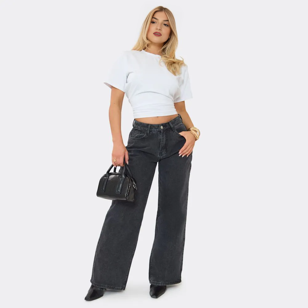 Short Sleeve Shoulder Pad Cinched Waist Detail Fitted T-Shirt – White