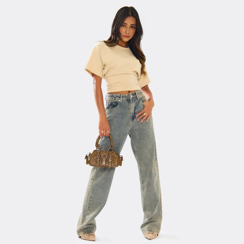 Short Sleeve Shaped Waist Fitted T-Shirt In Stone