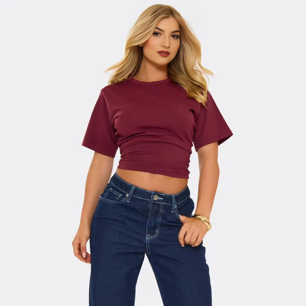 Short Sleeve Shaped Waist Fitted T-Shirt In Burgundy