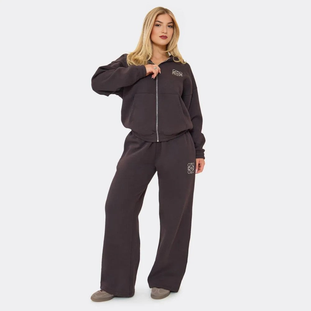 Chocolate Brown Embroidered Swirl Logo Zip Up Hoodie & Wide Leg Joggers Set