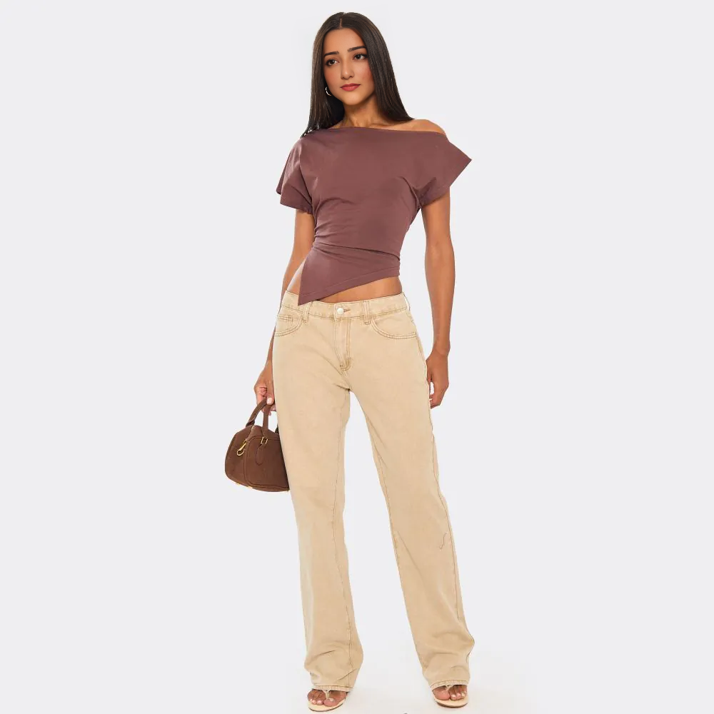 Slash Neck Asymmetric Dipped Hem T-Shirt In Chocolate Brown