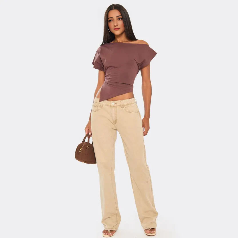 Slash Neck Asymmetric Dipped Hem T-Shirt