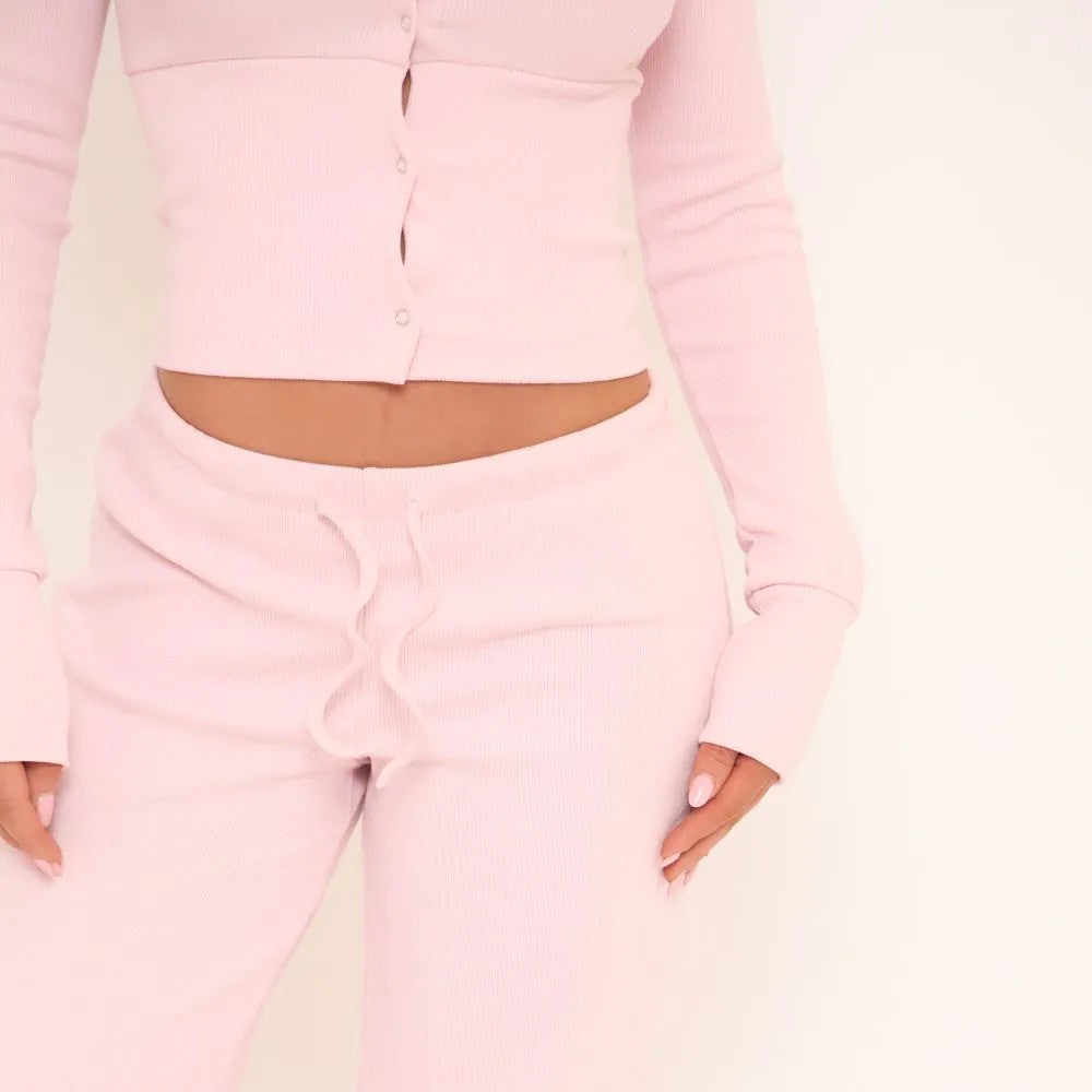 Ribbed Button Up Fitted Top & Drawstring Straight Leg Trousers Co-Ord Set – Pink