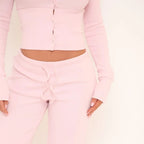 Ribbed Button Up Fitted Top & Drawstring Straight Leg Trousers Co-Ord Set – Pink