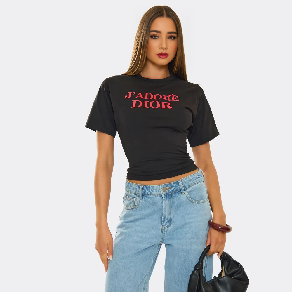Short Sleeve Cinched Waist Logo Graphic T-Shirt In Black