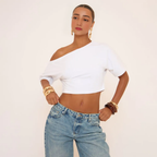 Short Sleeve Slash Neck Ruched Top – White