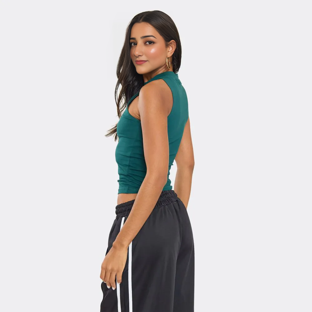 Racer Neck Slogan Print Detail Vest Top In Green