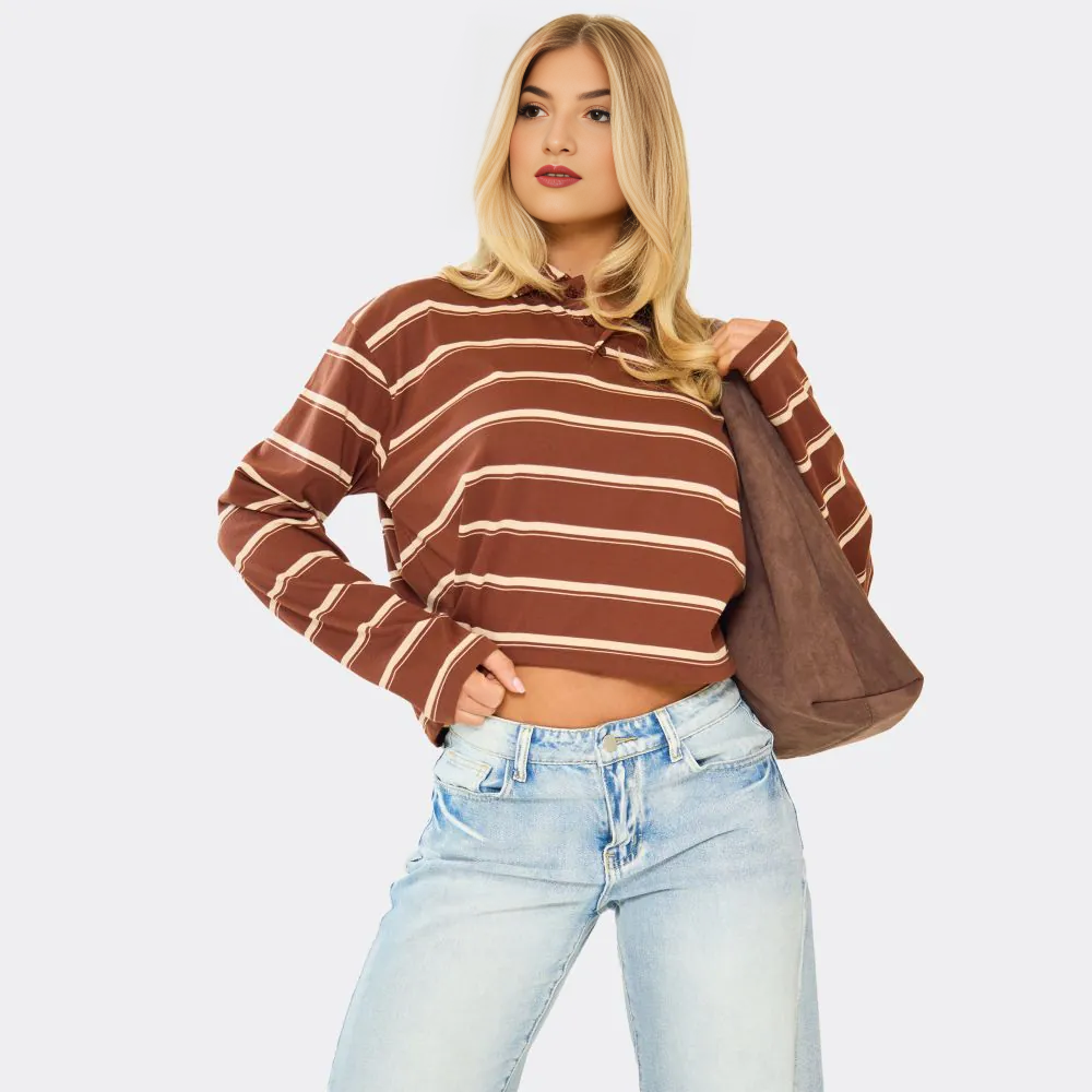 Long Sleeve Rugby Top In Brown Stripe