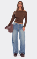 Bardot Long Sleeve Ruched Cinched Waist Top In Chocolate Brown