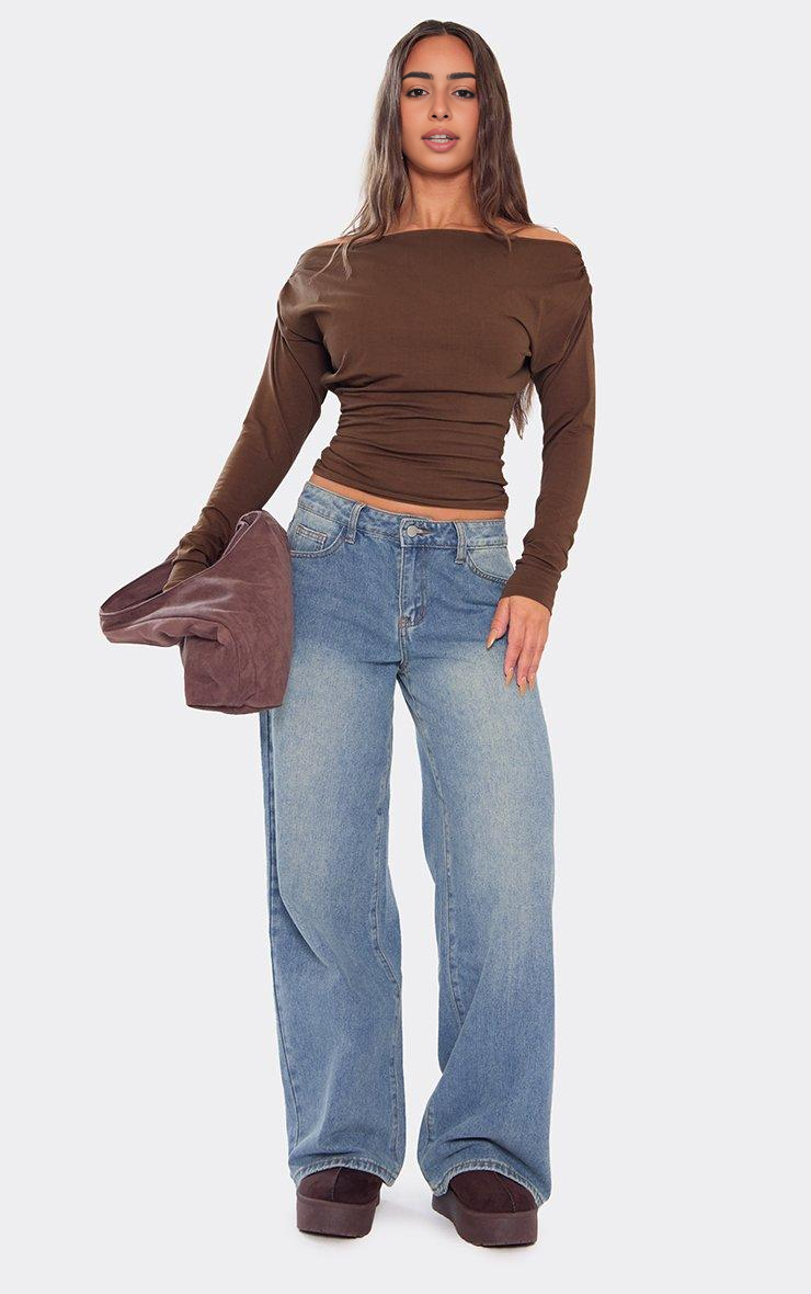 Bardot Long Sleeve Ruched Cinched Waist Top In Chocolate Brown