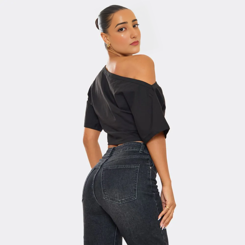 Short Sleeve Slash Neck Off-The-Shoulder Ruched Top – Black