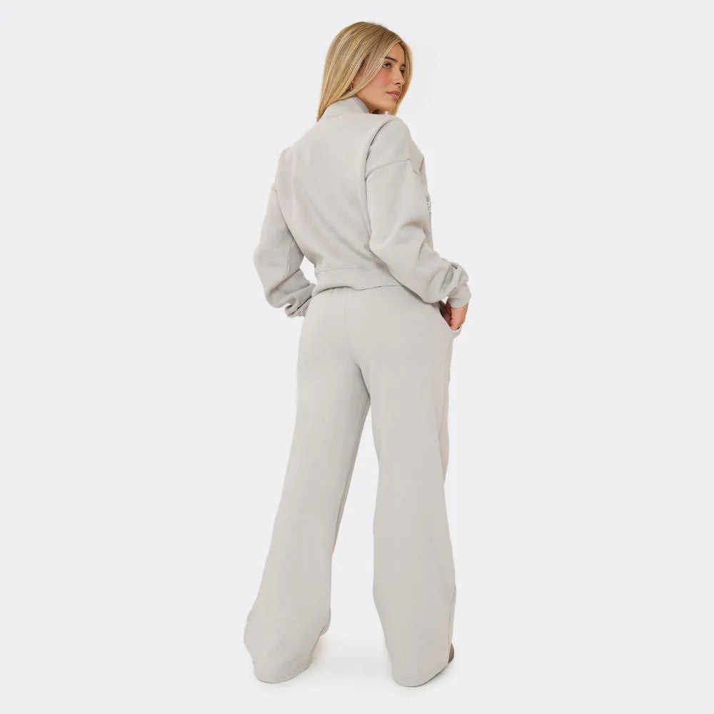 Contrast Piping ‘Min Min’ Embroidered Zip-Up Sweatshirt & Wide Leg Joggers In Grey