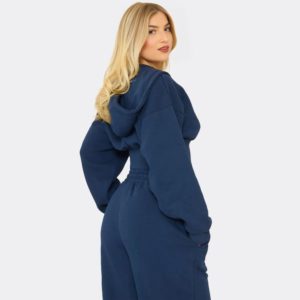 Navy Blue Swirl Graphic Cropped Hoodie & Straight Leg Joggers Set