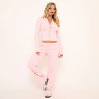 Ribbed Button Up Fitted Top & Drawstring Straight Leg Trousers Co-Ord Set – Pink