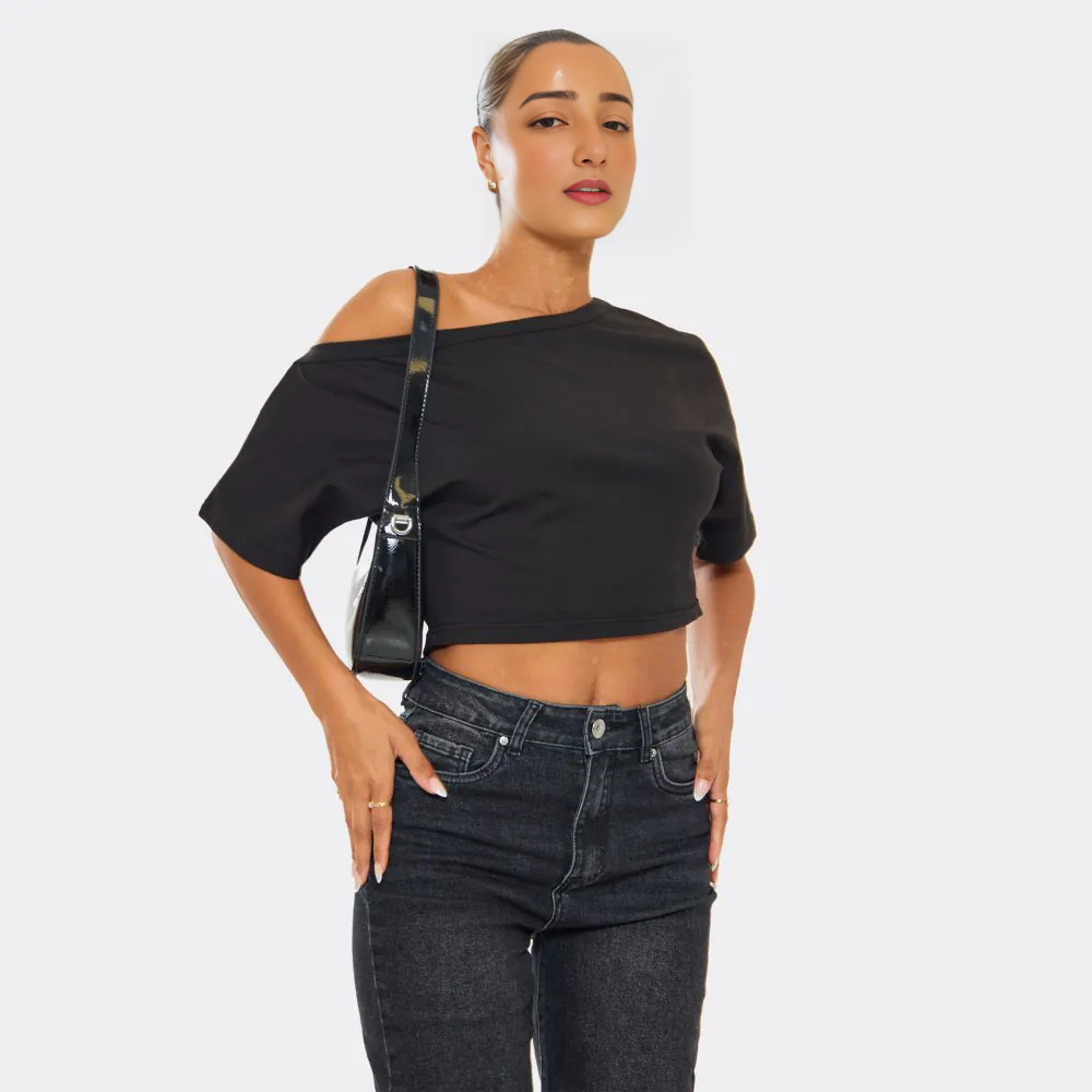 Short Sleeve Slash Neck Off-The-Shoulder Ruched Top – Black