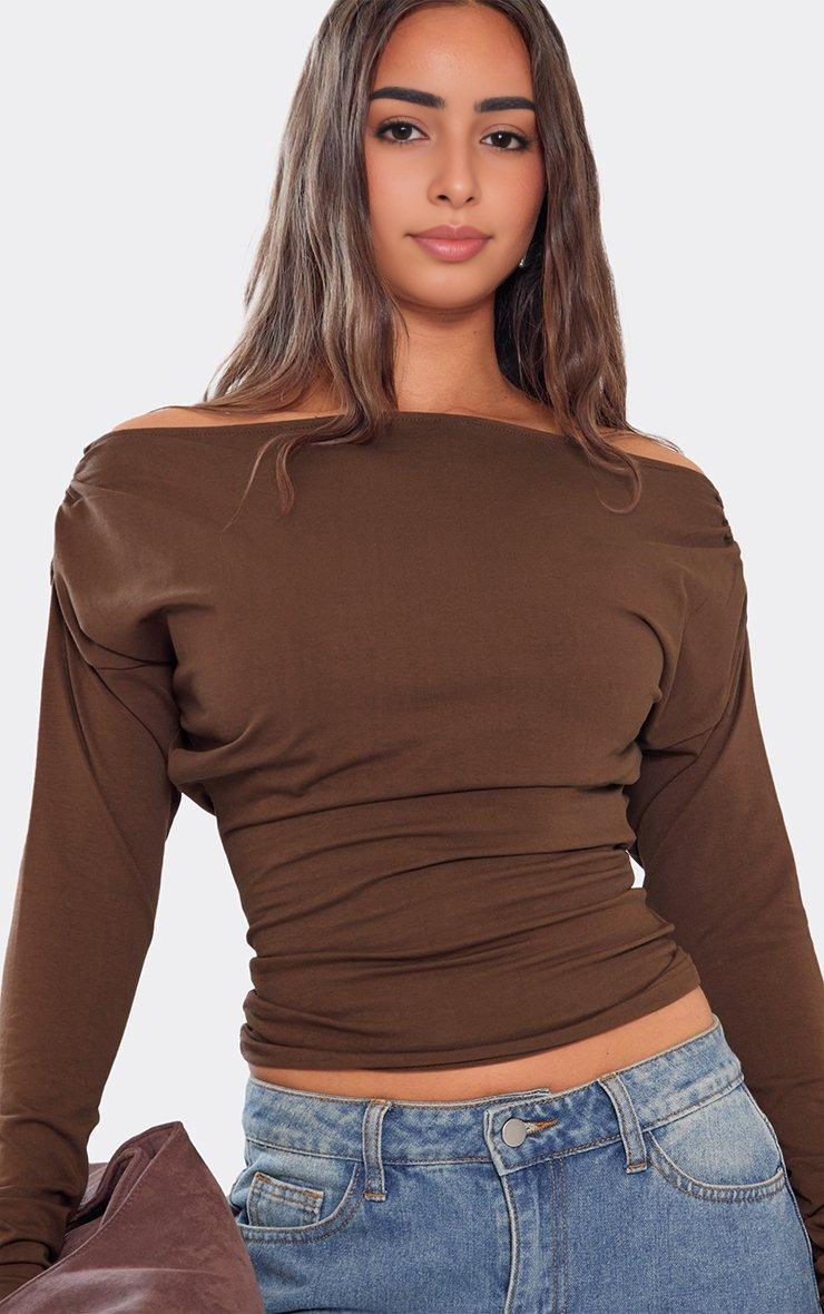 Bardot Long Sleeve Ruched Cinched Waist Top In Chocolate Brown