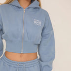 Tie Waist Swirl Graphic Detail Straight Leg Joggers & Cropped Hoodie Co-Ord Set – Blue