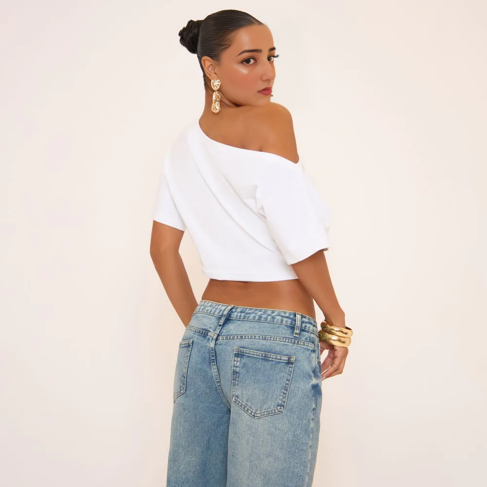 Short Sleeve Slash Neck Ruched Top – White