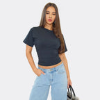 Short Sleeve Shaped Waist Fitted T-Shirt In Navy Blue