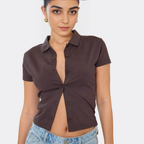 Short Sleeve Button Down T-Shirt In Chocolate Brown