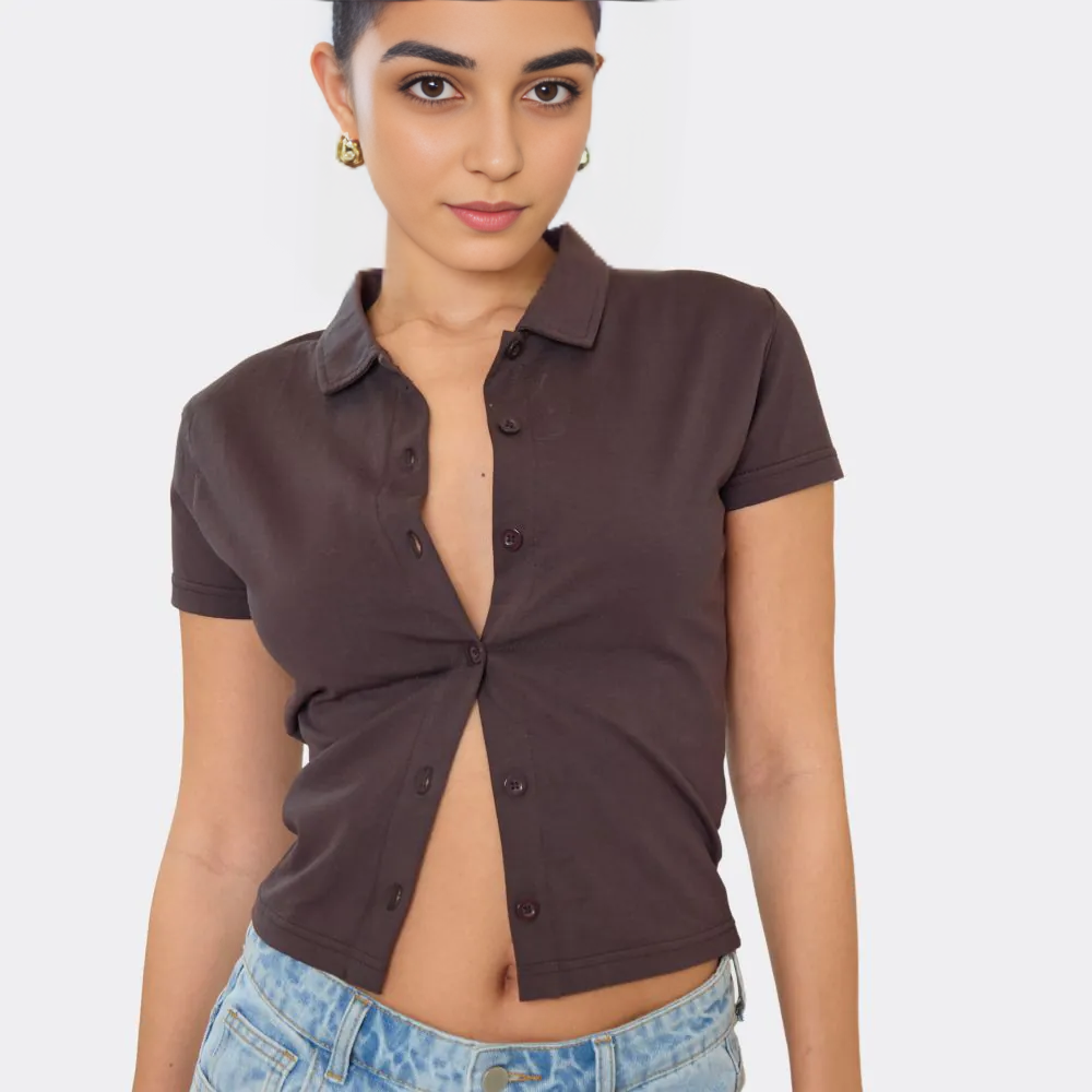 Short Sleeve Button Down T-Shirt In Chocolate Brown