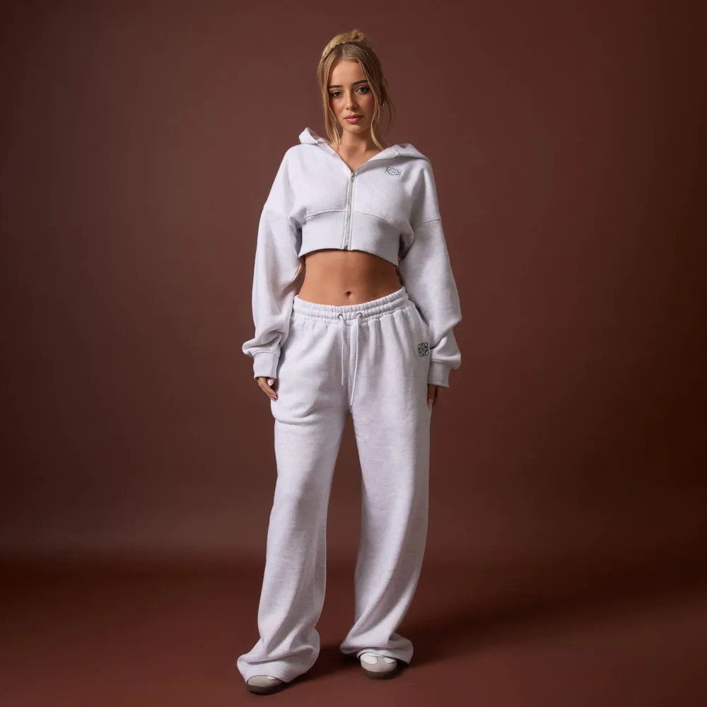 Swirl Graphic Cropped Hoodie & Straight Leg Joggers Co-Ord Set – Grey Marl