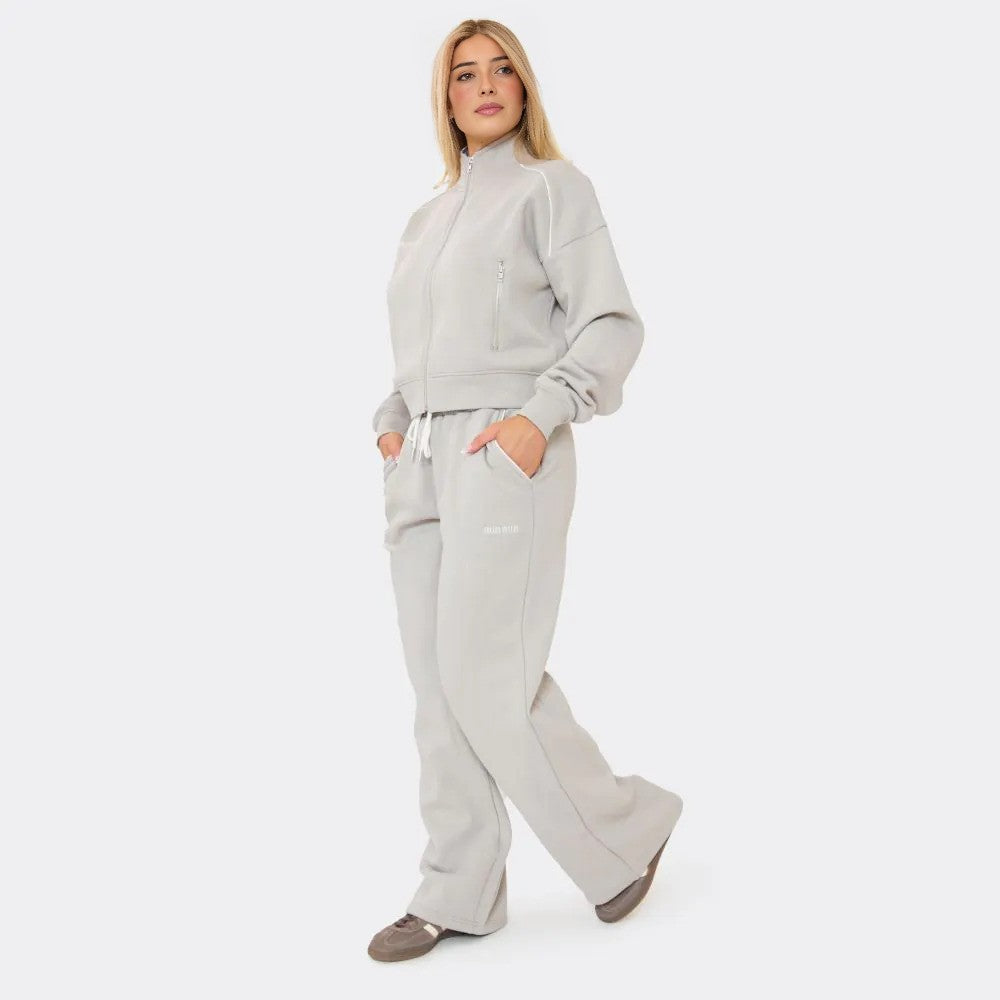 Contrast Piping ‘Min Min’ Embroidered Zip-Up Sweatshirt & Wide Leg Joggers In Grey