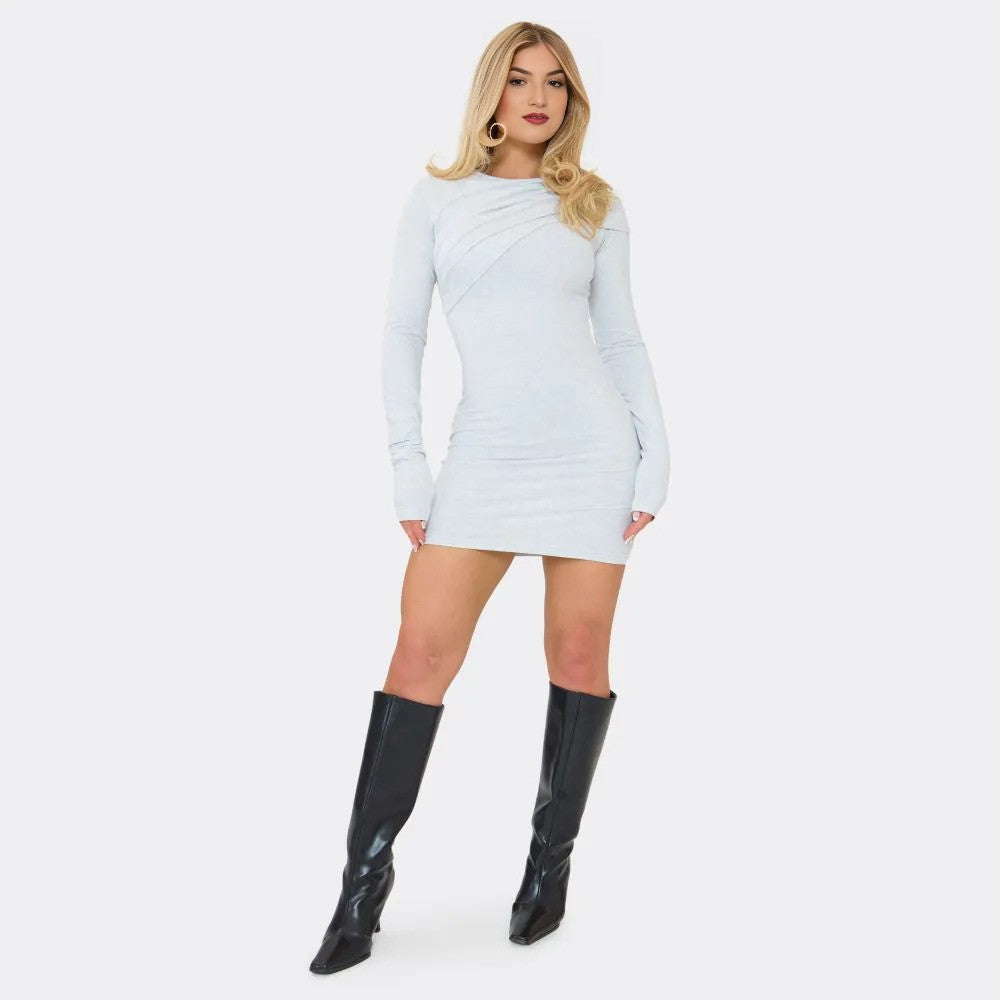 Light Grey Long Sleeve Ruched Mini Dress