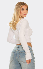 Long Sleeve Scoop Neck Notch Front Top In White