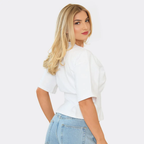 Short Sleeve Pleated Cinched Waist Detail Top – White