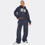 Long Sleeve “99” Graphic Double-Zip Boxy Hoodie with Low-Rise Wide-Leg Joggers
