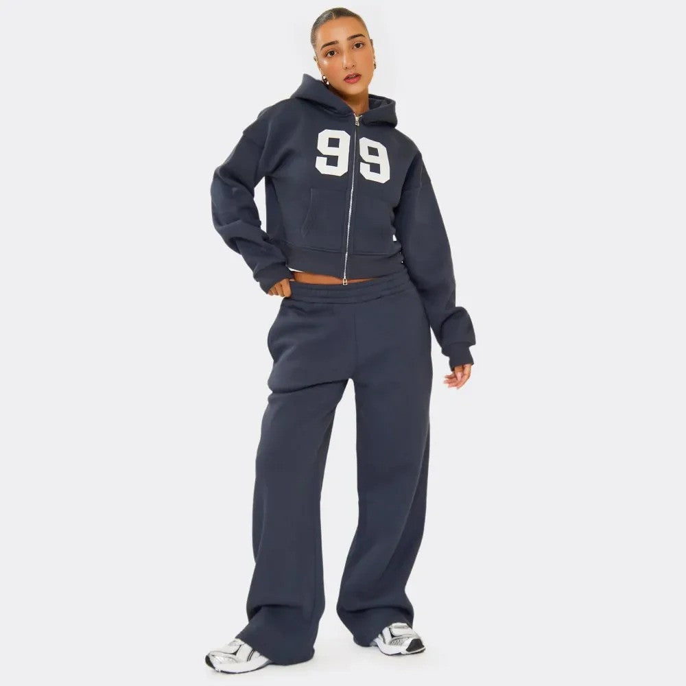 Long Sleeve “99” Graphic Double-Zip Boxy Hoodie with Low-Rise Wide-Leg Joggers