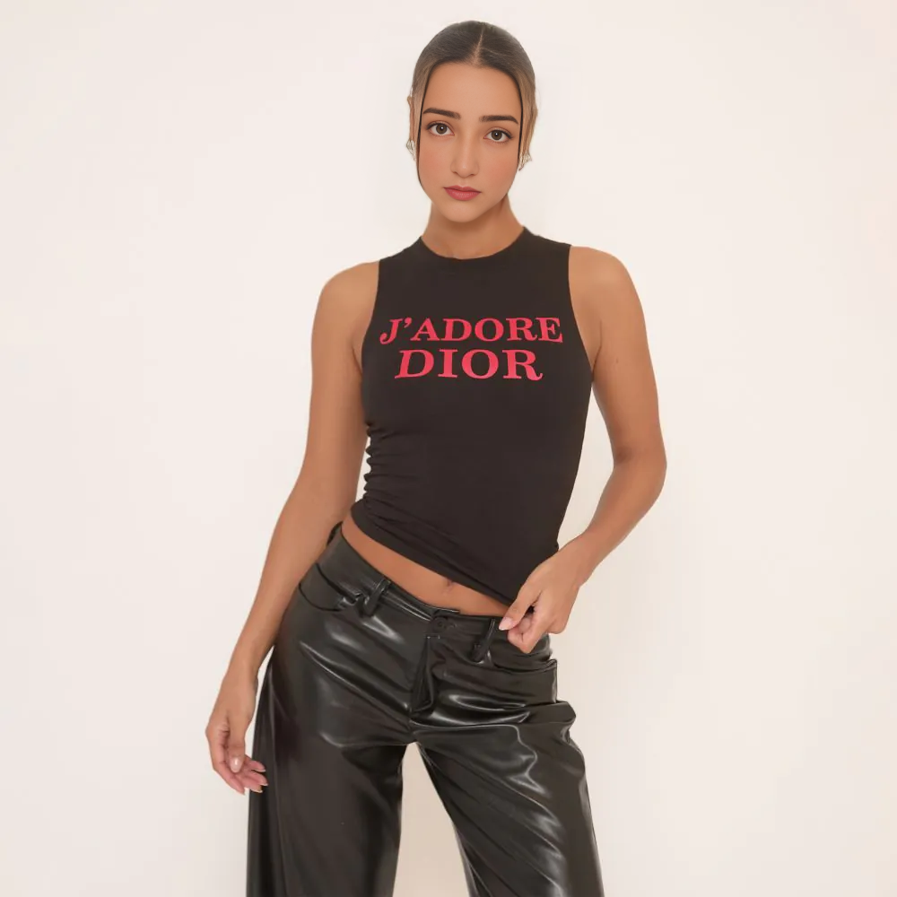 Racer Neck Slogan Print Detail Vest Top In Black