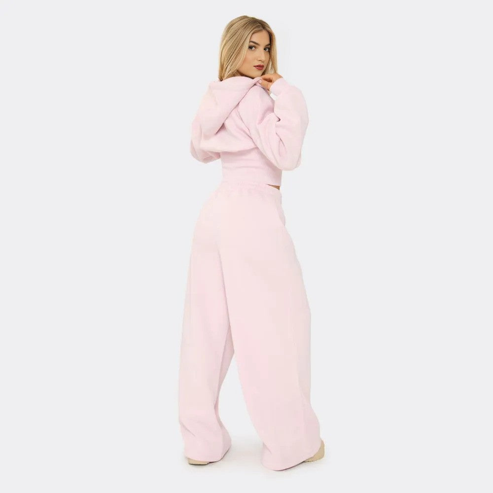 Pink Seam Detail Zip Up Longline Hoodie & Wide Leg Joggers Set