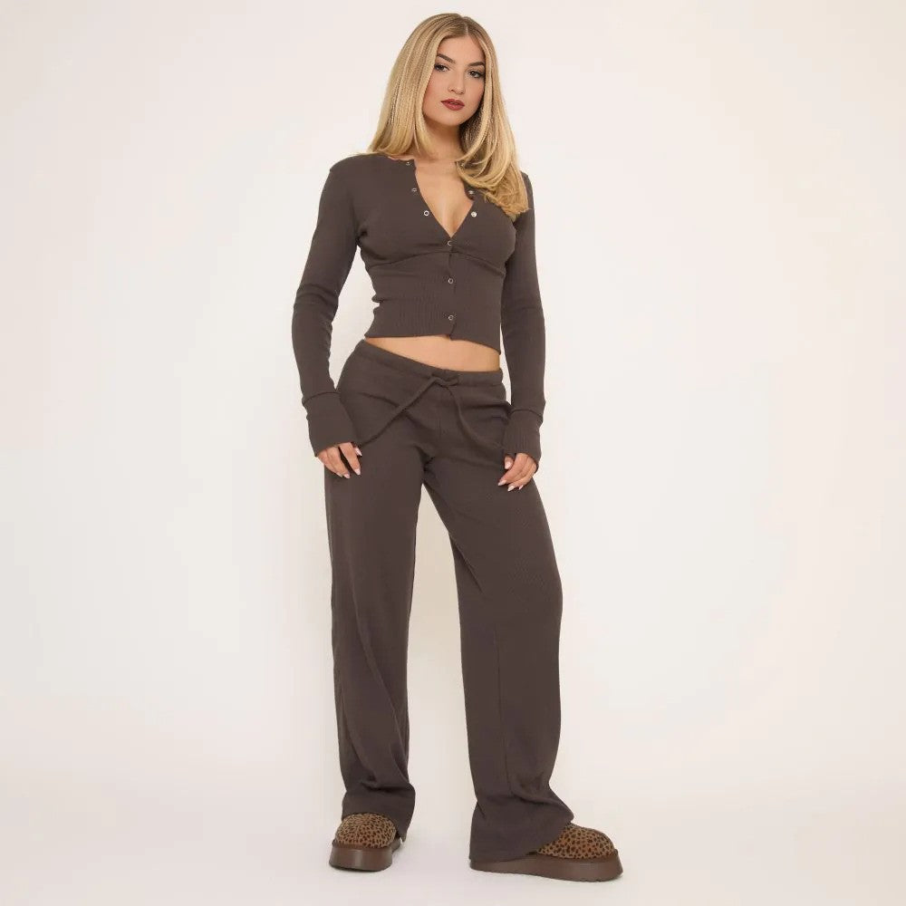 Ribbed Button Up Fitted Top & Mid Rise Drawstring Straight Leg Trousers Co-Ord Set – Brown