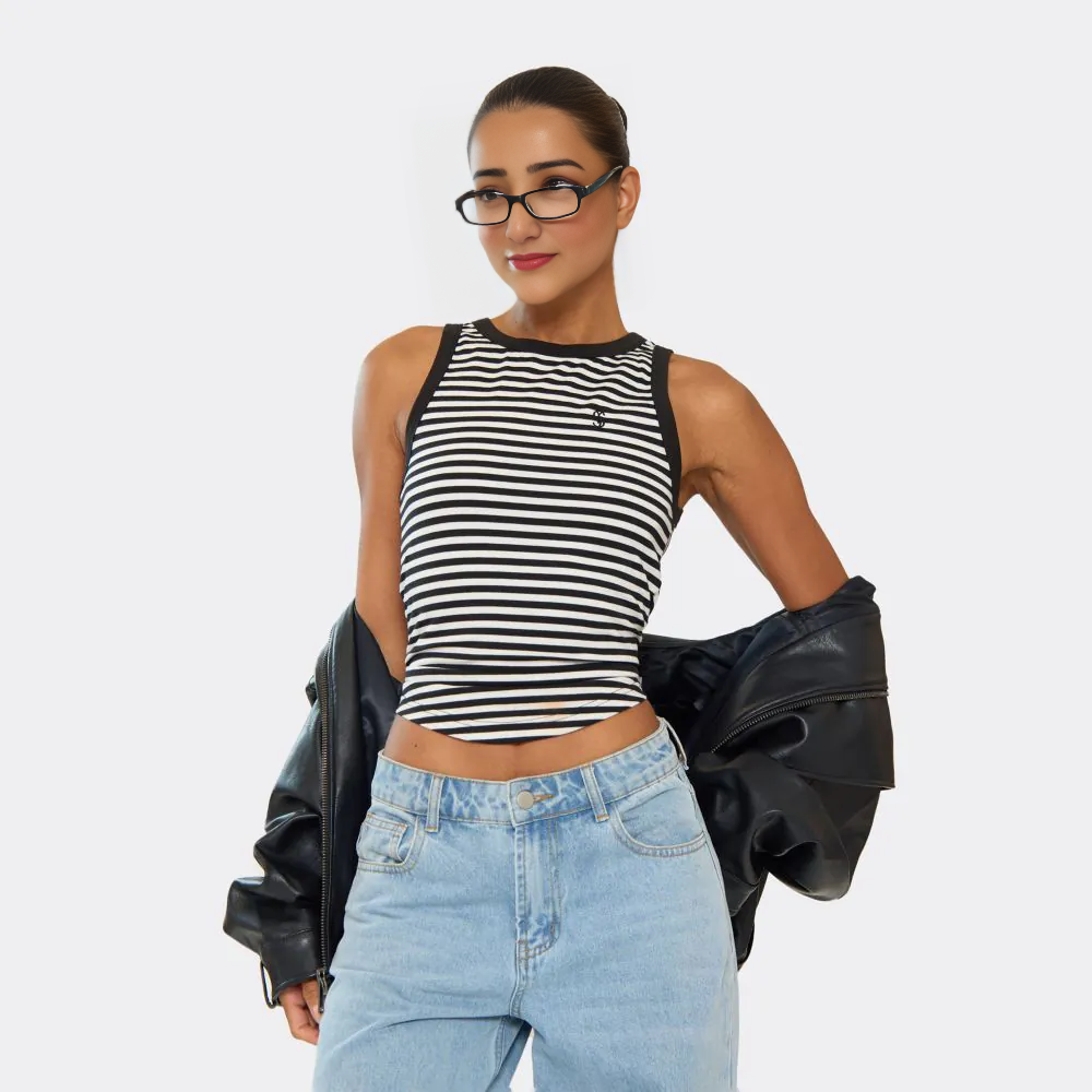 Sleeveless Dipped Hem Logo Detail Vest Top In Multi Stripe