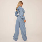 Tie Waist Swirl Graphic Detail Straight Leg Joggers & Cropped Hoodie Co-Ord Set – Blue