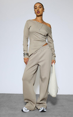 Asymmetric Cinched Waist Top & Wide Leg Joggers Co-ord Set In Taupe