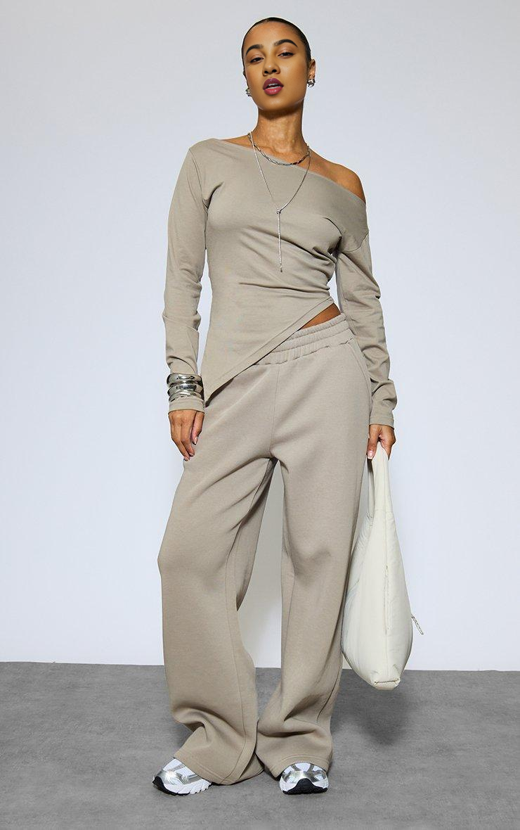 Asymmetric Cinched Waist Top & Wide Leg Joggers Co-ord Set In Taupe