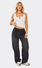 Square Neck Placket Detail Crop Top In Grey Marl
