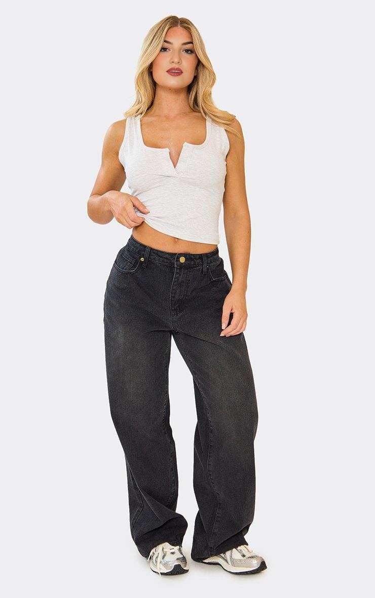 Square Neck Placket Detail Crop Top In Grey Marl