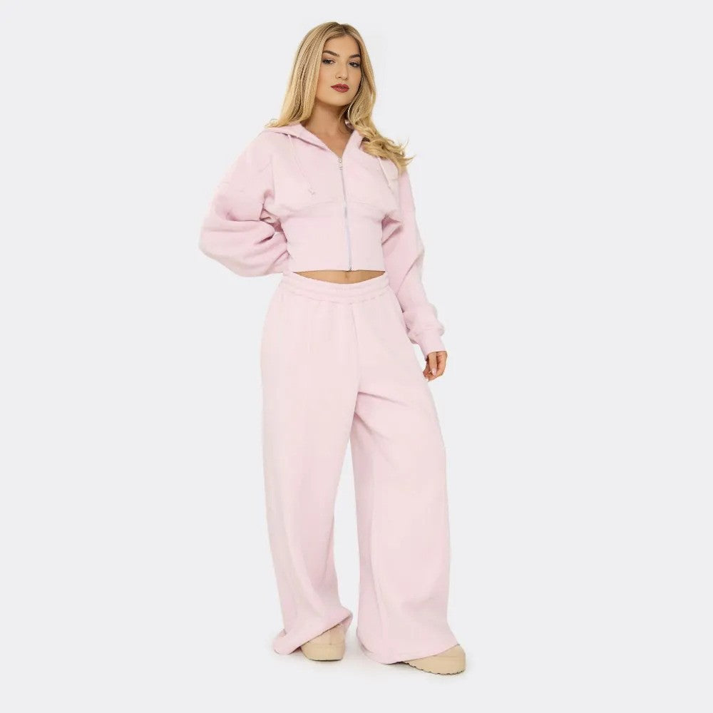 Pink Seam Detail Zip Up Longline Hoodie & Wide Leg Joggers Set