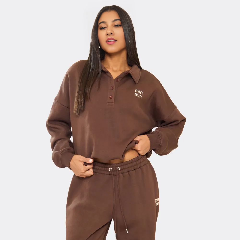 Chocolate brown ‘Min Min’ embroidered polo sweatshirt paired, comfy co-ord look