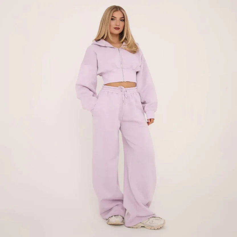 Zip-Up Cropped Hoodie & Wide-Leg Jogger Set