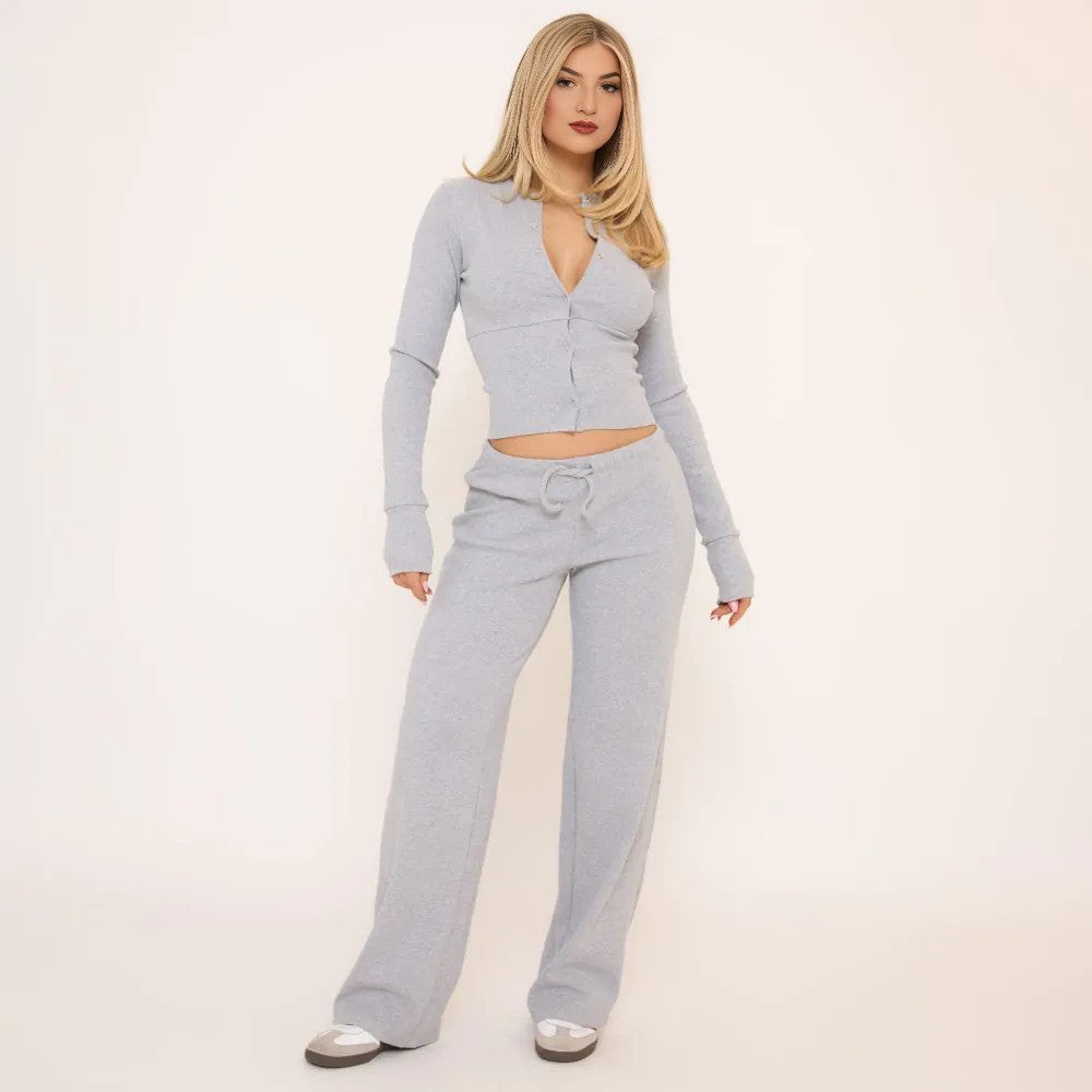 Grey Ribbed Button-Up Top & Straight Leg Trousers Set