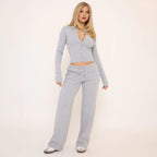 Grey Ribbed Button-Up Top & Straight Leg Trousers Set
