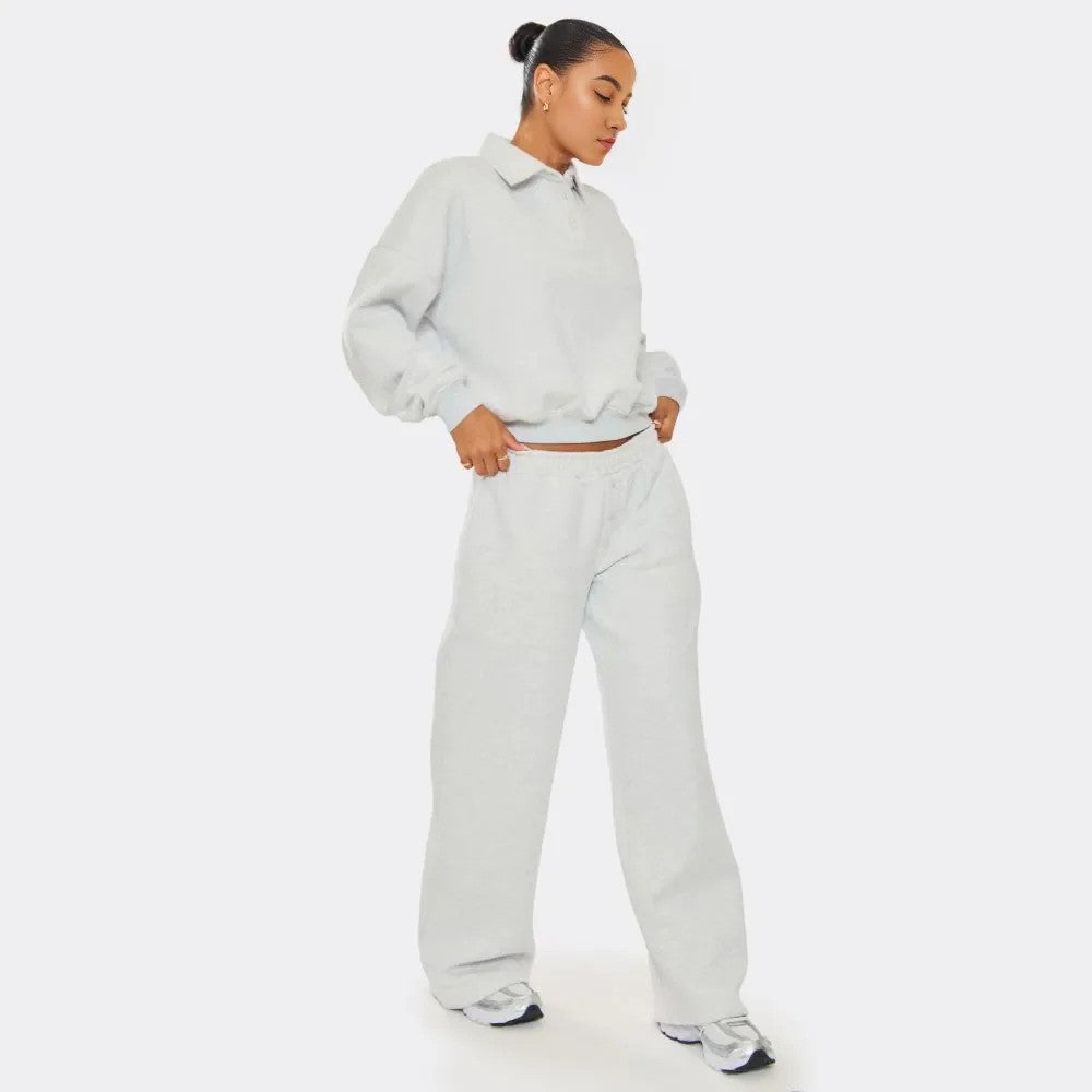 Light Grey Marl Polo Sweatshirt & Wide Leg Joggers – effortless comfort meets style